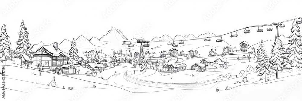 Fototapeta premium Winter Mountain Village with Cable Car and Snowy Peaks