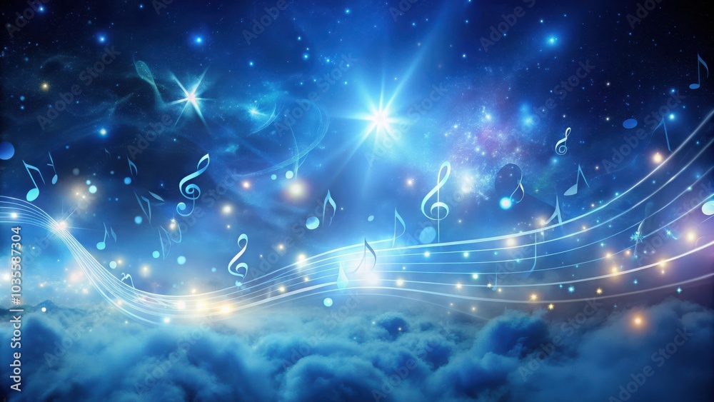 Obraz premium Celestial Harmony A Symphony of Stars and Music Notes, Adorned with Glowing Lights and Whimsical Clouds