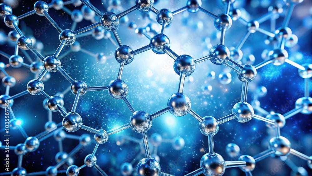 A mesmerizing depiction of a molecular structure, intricate and elegant, composed of interconnected spheres and rods, set against a celestial backdrop of shimmering blue and white dust