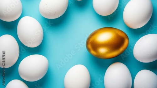 Golden egg amid white eggs on a vibrant blue background, symbolizing uniqueness and value, perfect for themes of rarity and distinction in design and marketing. photo