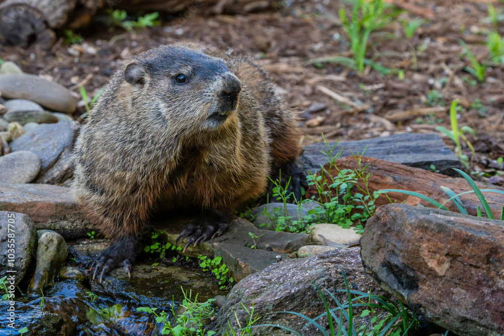 Fototapeta premium Ground hog sitting near a stream