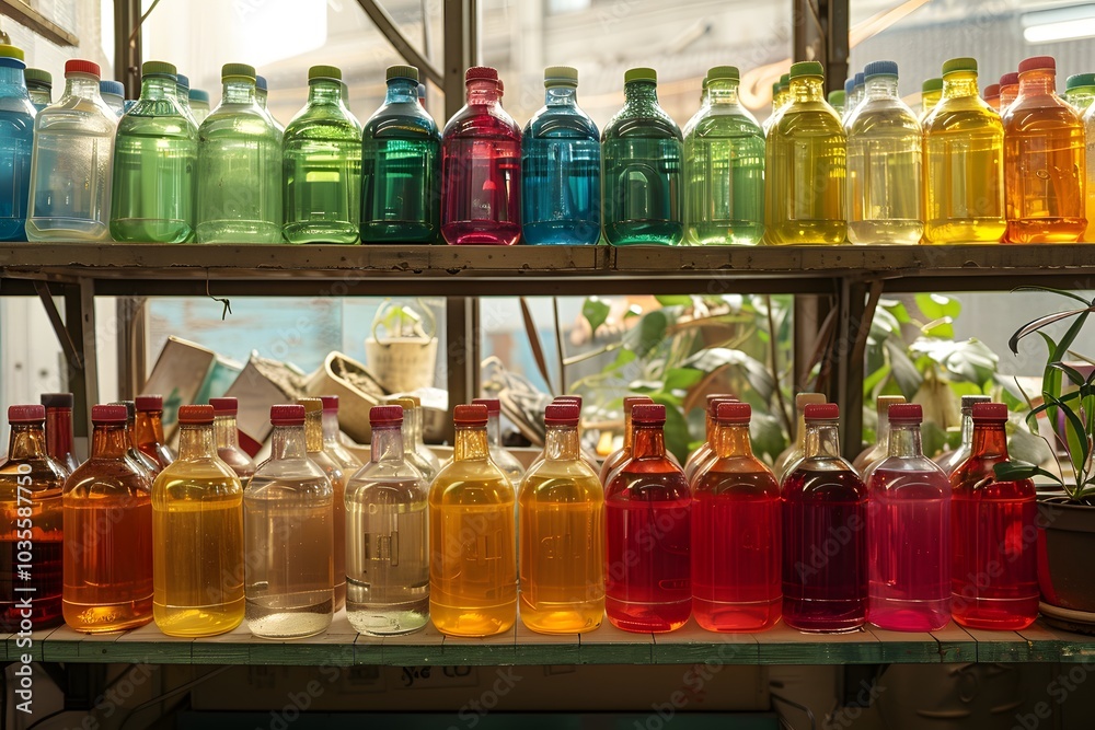 Vibrant Display of Colorful Bottles on a Shelf Vibrant Display of Colorful Bottles on a Shelf
