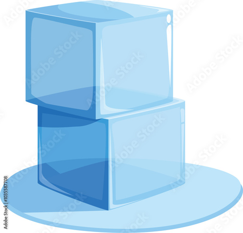 Two semi transparent ice cubes are melting on a flat surface, creating a puddle