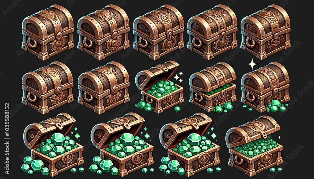 Fantasy bronze treasure chests with emerald gems and coins Fantasy bronze treasure chests with emerald gems and coins