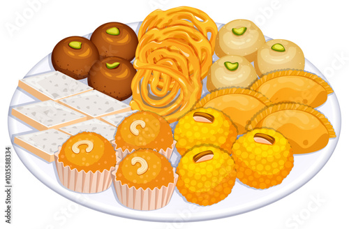 Sweets Plate with Gulab Jamun, Jalebi, Basen Ladoo, Gujiya, Boondi & Motichoor Laddus and Kaju Katli. Indian Mix Mithai Plate Side View Detailed Illustration