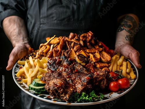 The Mysterious Chef: A man in black with a tantalizing plate of comfort food --ar 4:3 photo