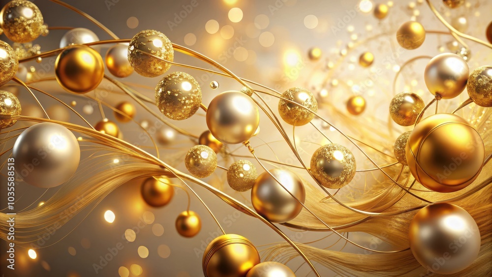 Obraz premium Golden and Silver Baubles Intertwined with Gleaming, Wavy Lines, Reflecting a Festive Atmosphere
