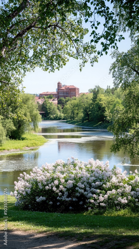 Fototapeta premium Lilac bushes flourish by the river in St. Jur, with a grand building rising in the background under the bright spring sun.