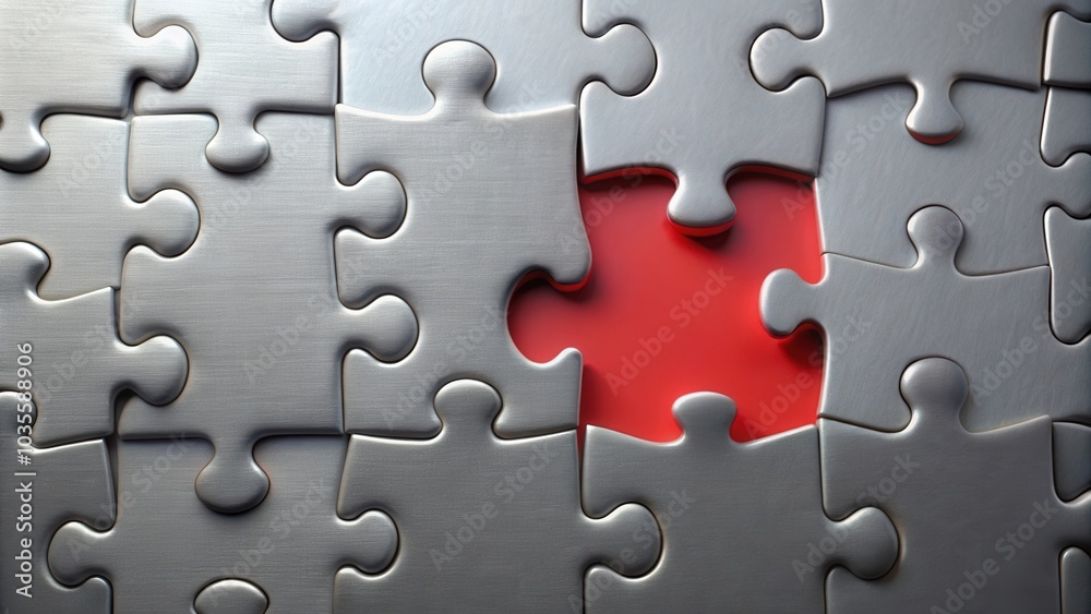 A single red puzzle piece fits perfectly into the middle of the grey puzzle, representing the importance of completing a task or finding the missing piece. A single red puzzle piece fits perfectly into the middle of the grey puzzle, representing the importance of completing a task or finding the missing piece.
