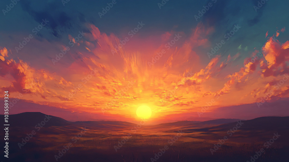 Fototapeta premium A breathtaking sunset over a distant hill, casting warm colors across the sky.