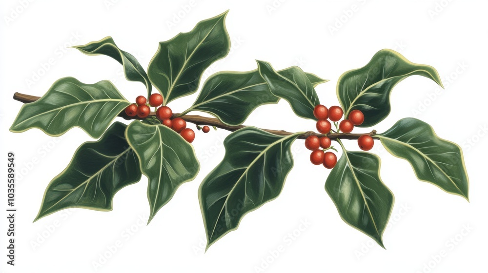 Obraz premium A detailed illustration of a holly sprig with rich dark green leaves and bright red berries, isolated for emphasis. The sharp serrated edges of the leaves highlight the plant's distinctive features.