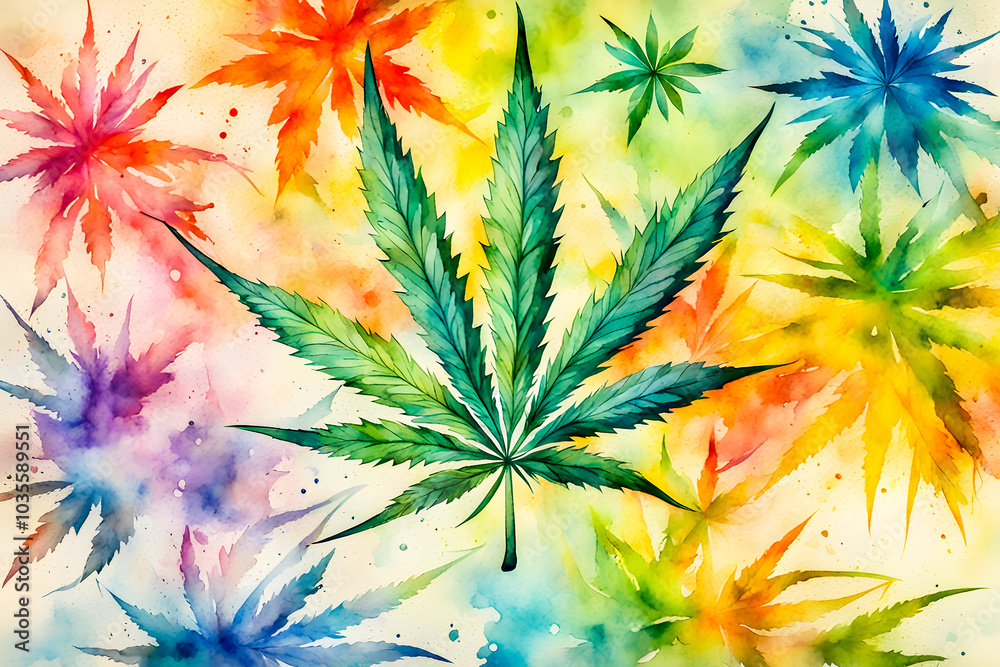 Fototapeta premium Watercolor painting of Marijuana on the abstract background. 