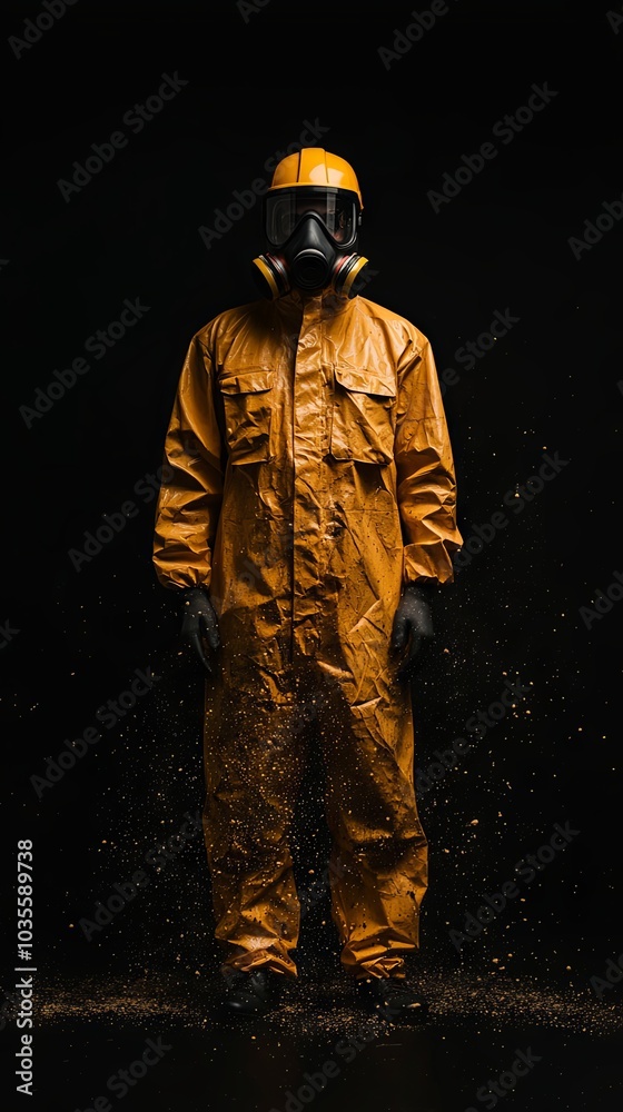 Fototapeta premium Man in Hazmat Suit with Gas Mask and Gloves on Black Background