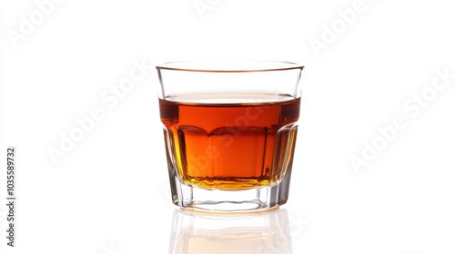 Hot loose leaf tea in small glass, on a white background,