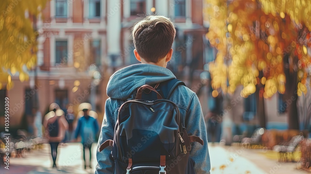 Boy with backpack going to school. The new academic semester year start with friend at school background , Generative Ai Boy with backpack going to school. The new academic semester year start with friend at school background , Generative Ai