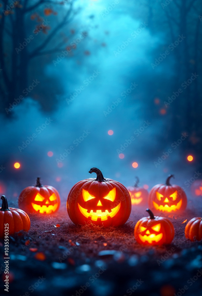 Naklejka premium Happy Halloween Banner with Blue Fog and Pumpkins
