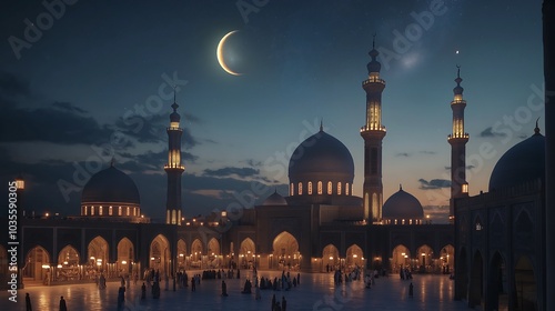 People in mosque courtyard and crescent moon in sky. photo