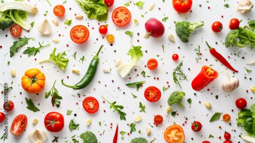 Many different fresh vegetables falling on white background