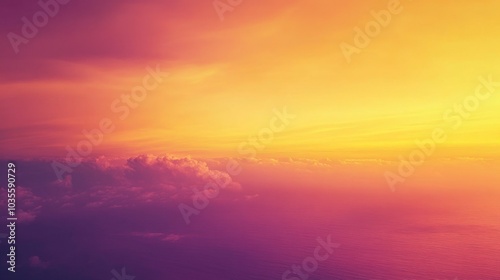 Vibrant Ethereal Sunset Over Tranquil Sea, A breathtaking panorama featuring a rich gradient of purple, orange, and yellow hues, evoking a serene and uplifting atmosphere.