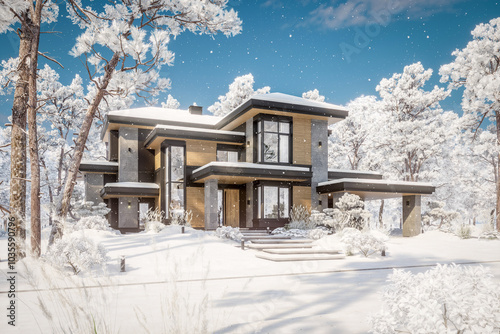 3d rendering of modern two story house with gray and wood accents, large windows, parking space in the right side of the building. Cool winter day with shiny white snow