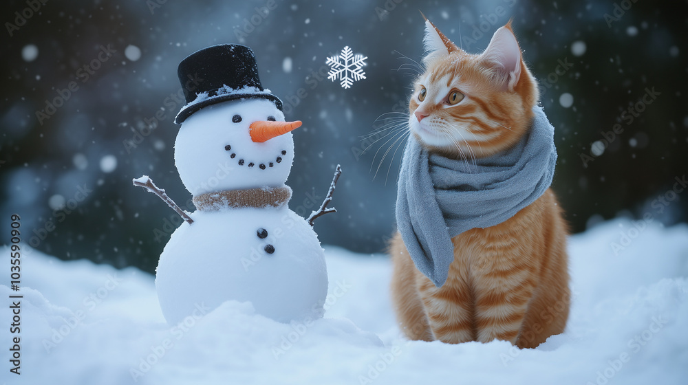 A cute orange cat wearing a gray scarf next to a snowman in front of it playing with snowflakes A cute orange cat wearing a gray scarf next to a snowman in front of it playing with snowflakes