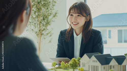 A Japanese real estate agent is smiling while showing her customer the house plan on top of an architectural model