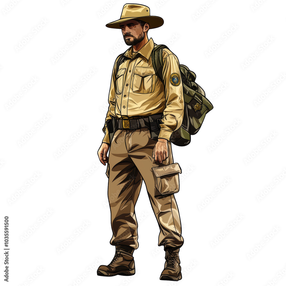 ranger stands confidently, ready for adventure in wilderness. Dressed in tan uniform with wide brimmed hat, he carries backpack, embodying spirit of exploration and nature ranger stands confidently, ready for adventure in wilderness. Dressed in tan uniform with wide brimmed hat, he carries backpack, embodying spirit of exploration and nature