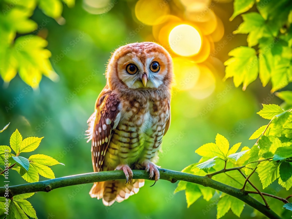Tawny Owl Silhouette in Summer Greenery - Cute Baby Owl Concept of Wisdom and Nature