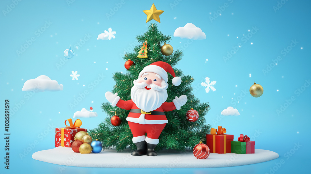 Christmas tree with ornaments and santa