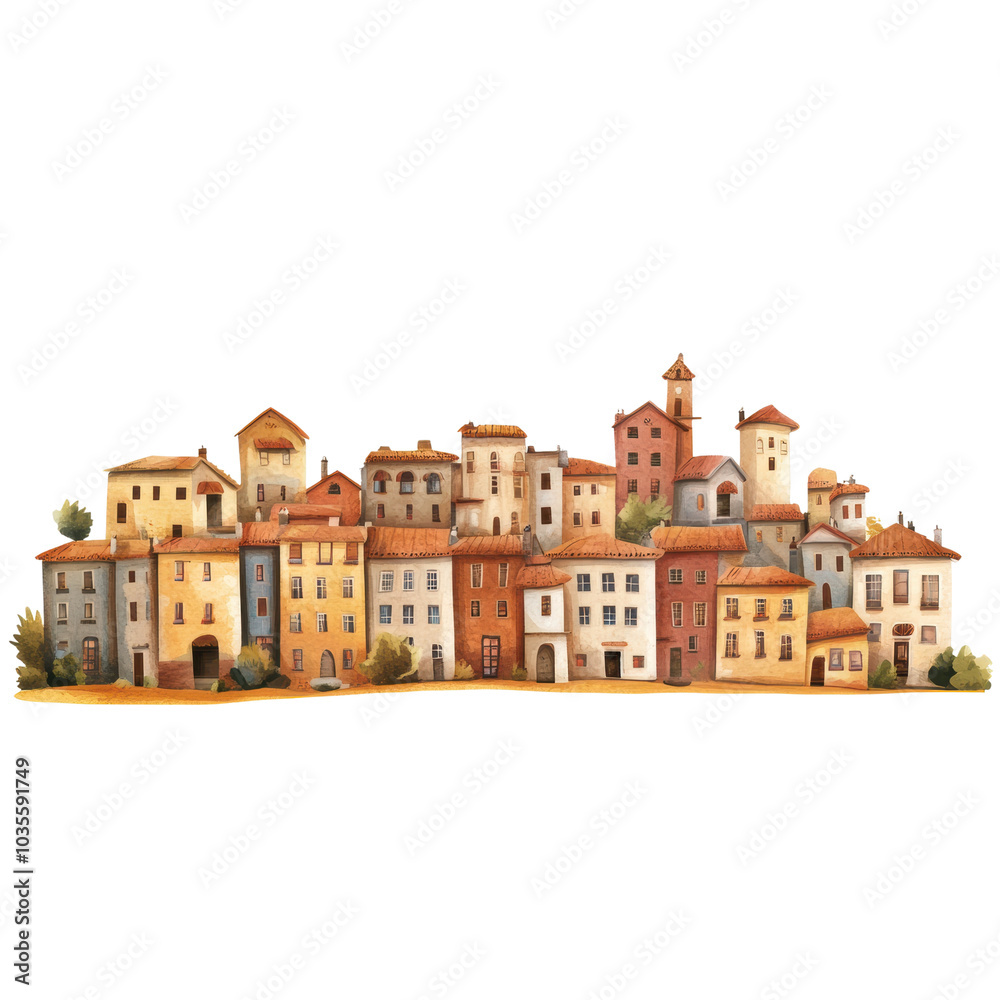 Obraz premium Charming village skyline featuring colorful buildings with rustic architecture, surrounded by greenery, evoking sense of warmth and nostalgia