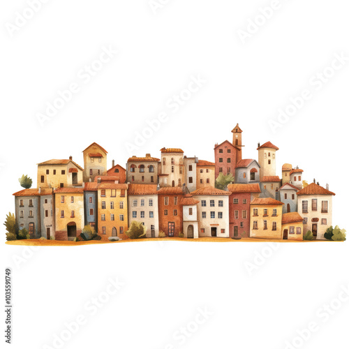 Charming village skyline featuring colorful buildings with rustic architecture, surrounded by greenery, evoking sense of warmth and nostalgia
