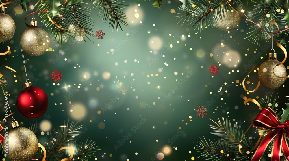 On a dark background are Christmas tree decorations, snowflakes, and a Christmas tree. In the center, in gold, is written On a dark background are Christmas tree decorations, snowflakes, and a Christmas tree. In the center, in gold, is written