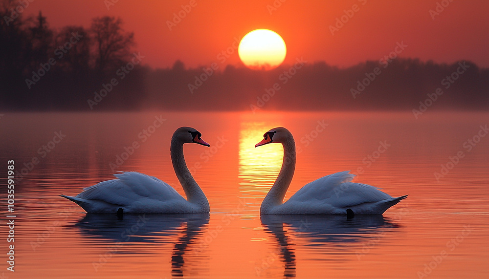 Fototapeta premium Swan silhouette reflects in tranquil water at sunset generated by AI