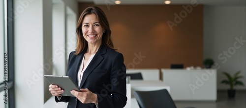 Business-focused office scene featuring a smiling professional woman entrepreneur with tablet and working in an office setting