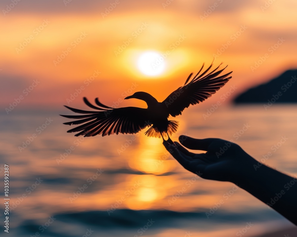Obraz premium Silhouette of a person holding a bird in front of a sunset over a body of water - Animals