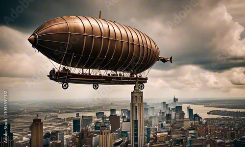 steampunk aviator piloting a dirigible through cloudy skies. Victorian-style cityscape below