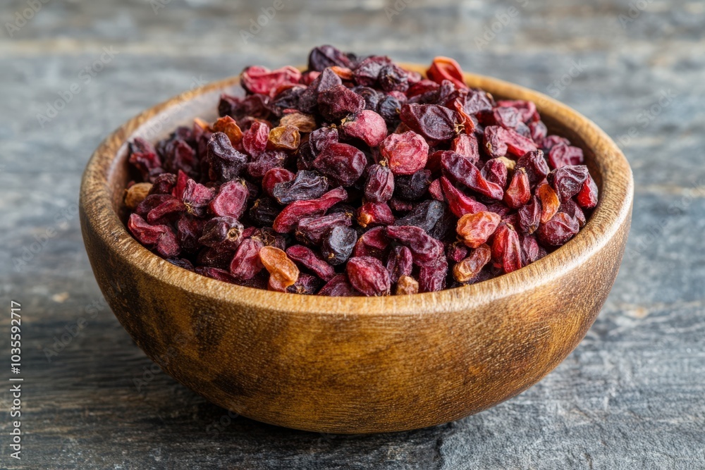 Barberries Heap in Wooden Bowl. Healthy Organic Herbal Ingredient on Rustic Table Barberries Heap in Wooden Bowl. Healthy Organic Herbal Ingredient on Rustic Table