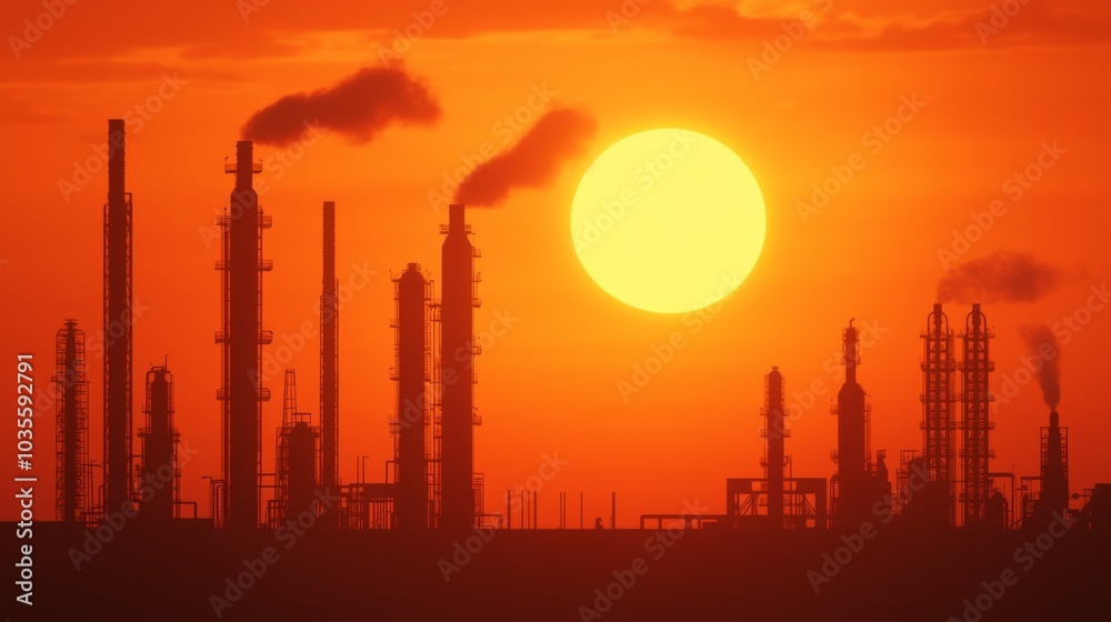Robots Operate in Industrial Scene at Sunset Robots Operate in Industrial Scene at Sunset