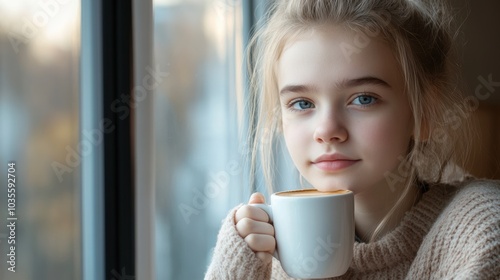 Stock minimalist photograph of a happy teenage girl with a thoughtful expression, holding a cup of coffee, sitting by a window in a cozy cafÃ© with soft daylight illuminating the scene