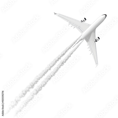 jet soaring through clear blue skies, leaving behind trail of white vapor. aircraft showcases modern design and powerful engines, symbolizing travel and adventure