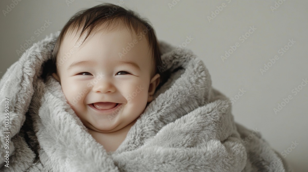 Adorable portrait of a smiling infant boy wrapped in a soft, furry blanket, radiating happiness post-bath. The light gray background complements the cozy bedding and textiles designed for children. Adorable portrait of a smiling infant boy wrapped in a soft, furry blanket, radiating happiness post-bath. The light gray background complements the cozy bedding and textiles designed for children.