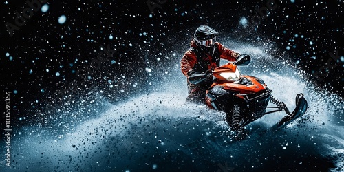 Snowmobile Rider Speeds Through a Snowy Night