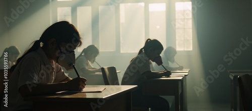 Illustration depicting future air pollution in India with kids at school donning oxygen masks photo