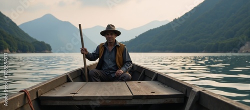 A mythological boatman transporting souls across water photo