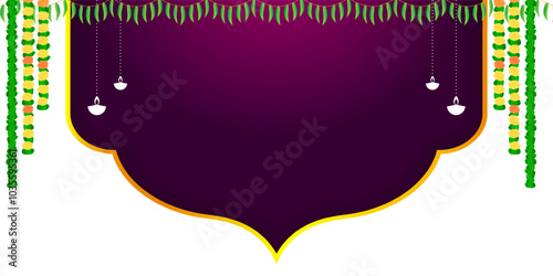 Vector illustration of hanging flower garland with purple and golden gateway arch on transparent background