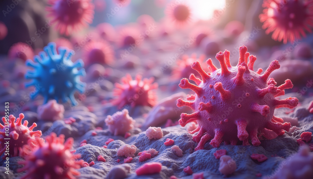 Close-up of pink and blue virus particles on a textured surface Close-up of pink and blue virus particles on a textured surface