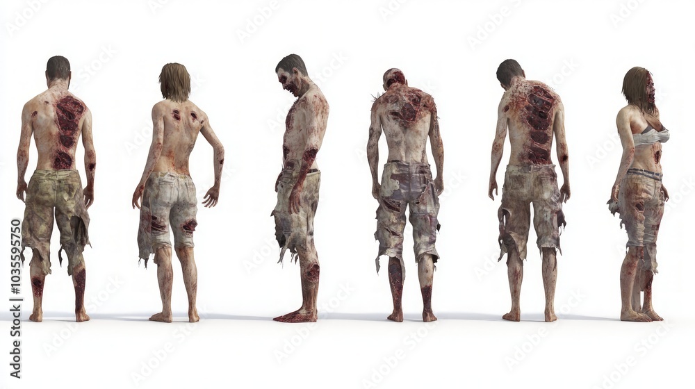 Fototapeta premium Zombie Figures Collection, a detailed 3D rendering showcasing a male and female zombie with tattered clothing, presented from multiple angles, emphasizing their eerie, decayed features.