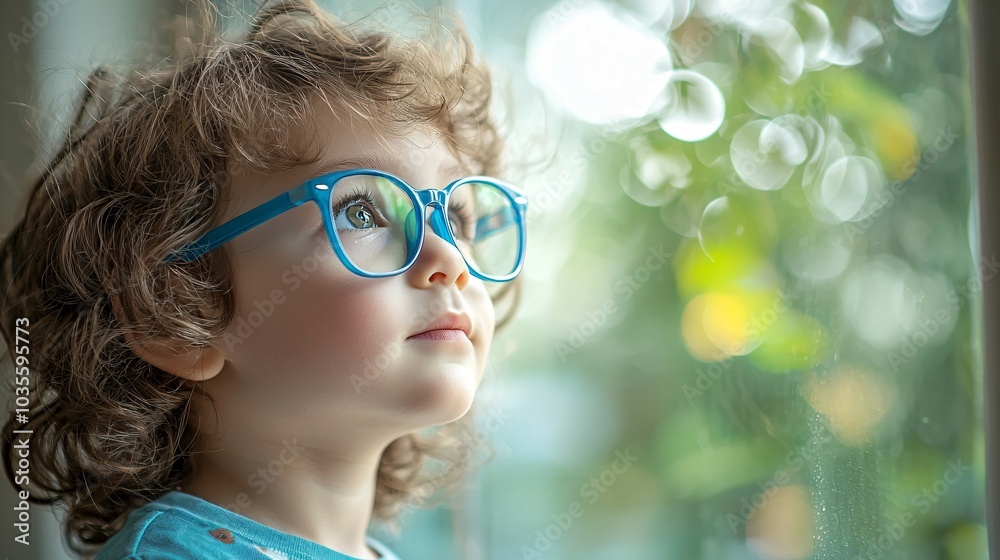Young child wearing blue glasses focusing on distant tree outside window, symbolizing myopia prevention and importance of outdoor activities. Young child wearing blue glasses focusing on distant tree outside window, symbolizing myopia prevention and importance of outdoor activities.