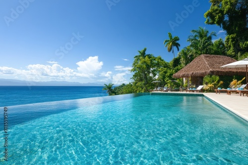 Obraz na płótnie A luxurious infinity pool overlooking the ocean, surrounded by lush greenery and a tropical atmosphere, perfect for relaxation. w salonie