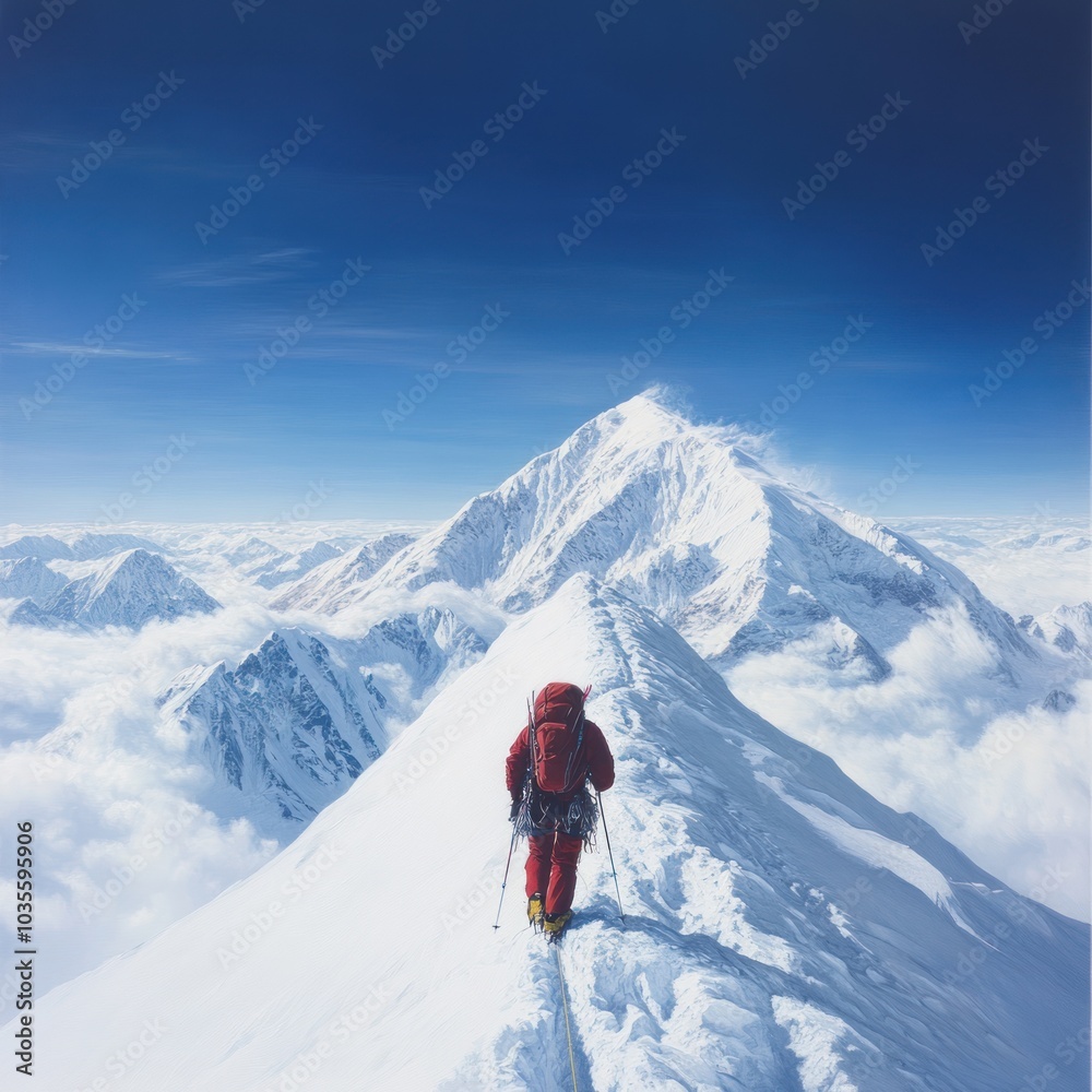 A climber ascends a snowy mountain peak, surrounded by clouds and blue sky, showcasing the beauty and challenge of high-altitude trekking. A climber ascends a snowy mountain peak, surrounded by clouds and blue sky, showcasing the beauty and challenge of high-altitude trekking.